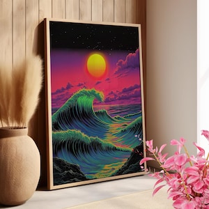 Retro Ocean Waves Sunset Colorful Art Poster or Canvas Print, Vaporwave Synthwave Art, Pink Purple Sky Retro Green Blue Yellow Wall Print