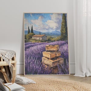 Beehive In A Lavender Field Classic Vintage Oil Painting Poster or Canvas Print, Cottagecore Decor, Purple Flower Field, Beehive and Flowers
