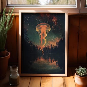 Jellyfish Floating Above The Water Surrealism Illustration Dark Art Poster or Canvas Print, Starry Sky, Jelly Glow Celestial Aquatic Art