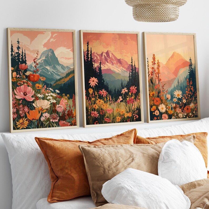 Set of 3 Boho Wildflower Mountain Sunset Wall Art Poster or Canvas ...