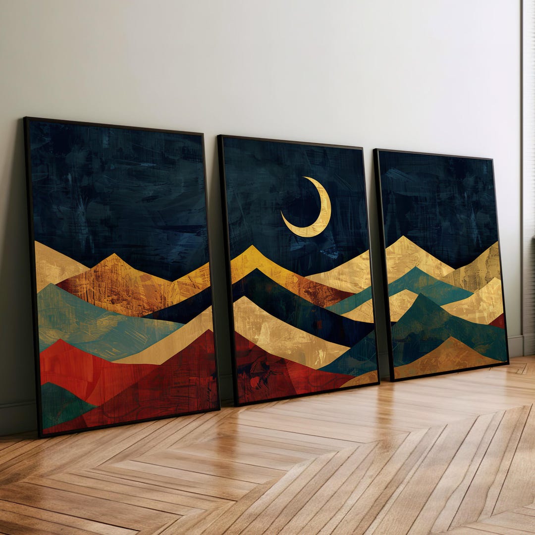 Geometric Moon and Mountains Landscape Set of 3 Nature Wall Art Poster ...
