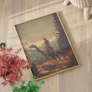 Vintage Cowboy Riding Dinosaur Oil Painting Poster or Canvas Print, Western Jurassic Fantasy Art, Retro Adventure Poster, Surreal Art Print