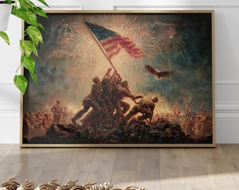 Vintage Patriotic Art Poster or Canvas Print, Soldiers with American Flag and Eagle Art, Veteran Tribute Art, Classic USA Military Decor