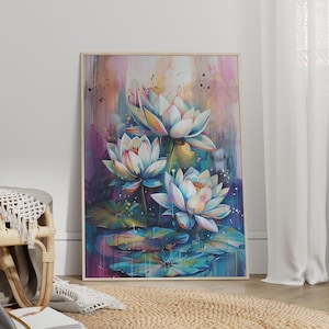 White Lotus Flowers Colorful Watercolor Painting Poster or Canvas Print, Impressionism Art Print, Modern Lotus Wall Art, Colorful Floral Art