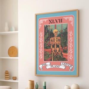 The Plant Lover Tarot Card Witchcraft Wall Art Print or Canvas, Vintage Withcy Poster, Vintage Gothic Skeleton Botanical Poster Potted Plant