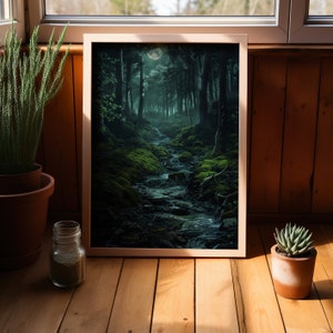 Dark Forest Moonlight Poster oder Leinwand, Mondlicht Waldweg Kunstdruck, moderne Kunst, Mondlicht Nacht Landschaft mystisch Wald Dekor