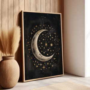 Starry Crescent Moon Celestial Wall Art Poster or Canvas Print, Moon and Stars Art Gold and Black Lunar Art Print Magical Starry Night Decor