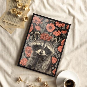 Hippy Raccoon In Flower Crown William Morris Inspired Wall Art Poster or Canvas Print, Raccoon Floral Botanical Art Print, Dark Cottagecore