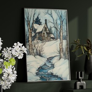 Winter Old House Beautiful Snowy Scene Watercolor Painting Poster or Canvas, Old Cabin in the Forest with Stream Winter Cottagecore Wall Art