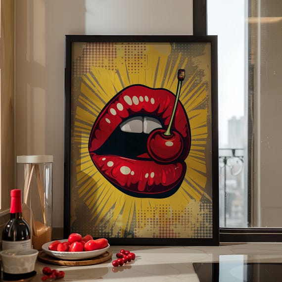 Red Lips Biting a Cherry Art Print Poster or Canvas, Lips Print