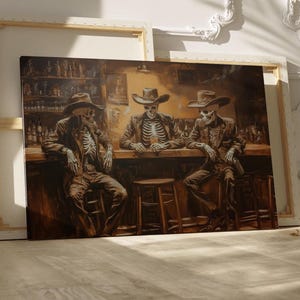 Cowboy Skeletons Saloon Painting Poster or Canvas Print, Western Bar Scene, Spooky Rustic Wall Decor, Vintage Skeleton Cowboy Art Home Decor