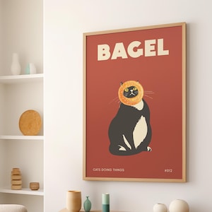 Cat Doing Things Black Cat Bagel Face Poster or Canvas Print, Cat Posters, Funny Cat Kitchen Decor, Retro Cat Wall Art, Humorous Cat Print