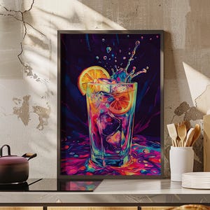Tall Glass Ice-cold Drink Colorful Neon Street Art Poster or Canvas Print, Psychedelic Stle Cocktail Glass Art, Cool Lemonade Modern Pop Art