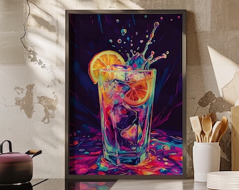 Tall Glass Ice-cold Drink Colorful Neon Street Art Poster or Canvas Print, Psychedelic Stle Cocktail Glass Art, Cool Lemonade Modern Pop Art