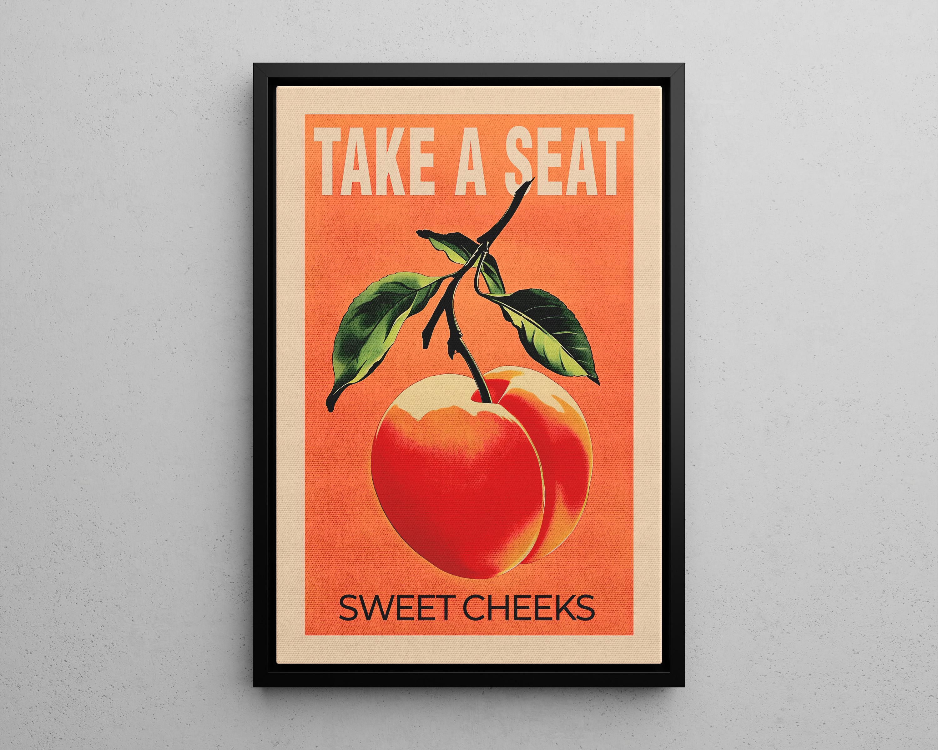 Take a Seat Sweet Cheeks Funny Retro Typography Wall Art Poster or Canvas Print, Funny Peach Art Print, Funny Bathroom Decor, Nice Bum Art