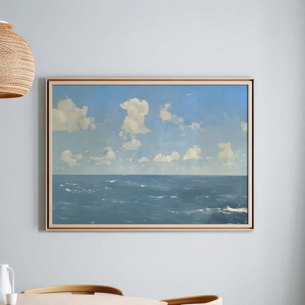 Ocean Art Print Blue Sky and Clouds Ocean Scene Vintage Wall Art, Ocean Landscape Art, Beach Seascape Oil Painting Poster or Canvas Print