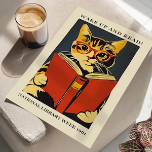 Wake Up and Read Cat Art Print Poster or Canvas, Bookshop Black Cat Reading Poster, Book Lover Gift, National Library Week Print Wall Decor