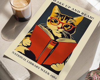 Wake Up and Read Cat Art Print Poster or Canvas, Bookshop Black Cat Reading Poster, Book Lover Gift, National Library Week Print Wall Decor