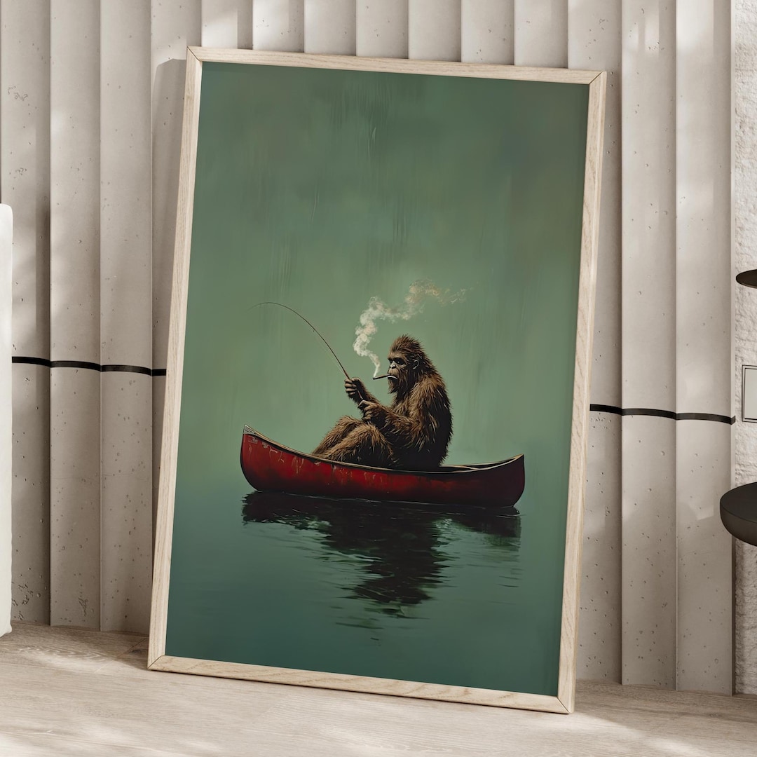 Bigfoot on a Red Canoe Fishing Retro Art Poster or Canvas Print
