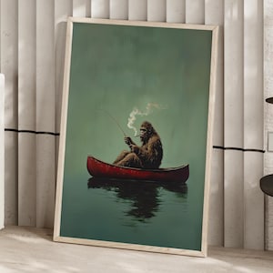 Bigfoot on a Red Canoe Fishing Retro Art Poster or Canvas Print, Whimsical Sasquatch Wall Art, Lake House Wall Decor, Bigfoot Funny Poster