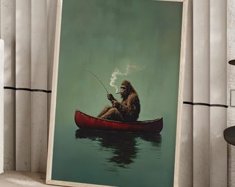 Bigfoot on a Red Canoe Fishing Retro Art Poster or Canvas Print, Whimsical Sasquatch Wall Art, Lake House Wall Decor, Bigfoot Funny Poster