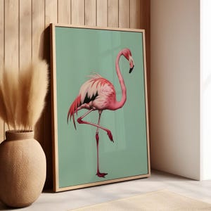 Pink Flamingo Portrait Poster or Canvas Print, Retro Animal Print, Flamingo Standing Print, Fun Animal Wall Art, Bird Minimalist Wall Decor