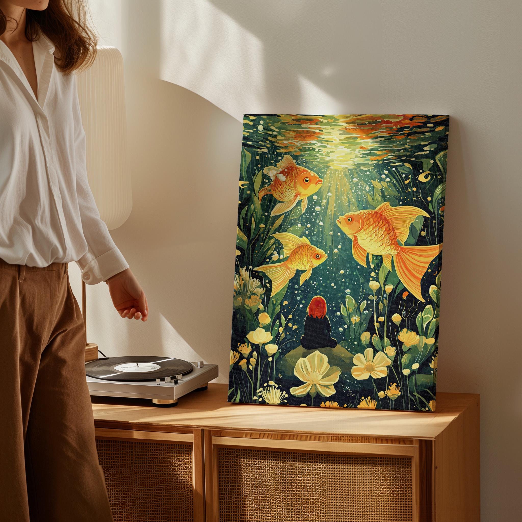 Goldfish and Girl Underwater Art Print Poster or Canvas Print, Fantasy ...