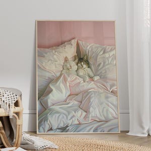 Katzen Paar im Bett Poster oder Leinwanddruck, Romantisches Paar Katzen Wandkunst, Katzenliebhaber Geschenk, Süße Katzen Pastell Rosa Schlafzimmer Dekor