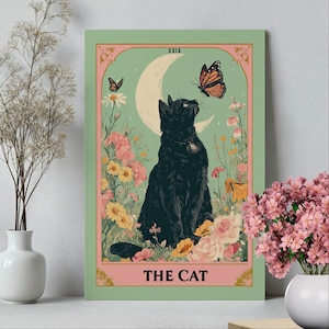 The Cat Tarot Art Print Poster or Canvas, Black Cat Moon Floral Wall Art, Mystical Cat Art, Witchy Cat Wall Decor, Whimsigoth Cat Lover Gift