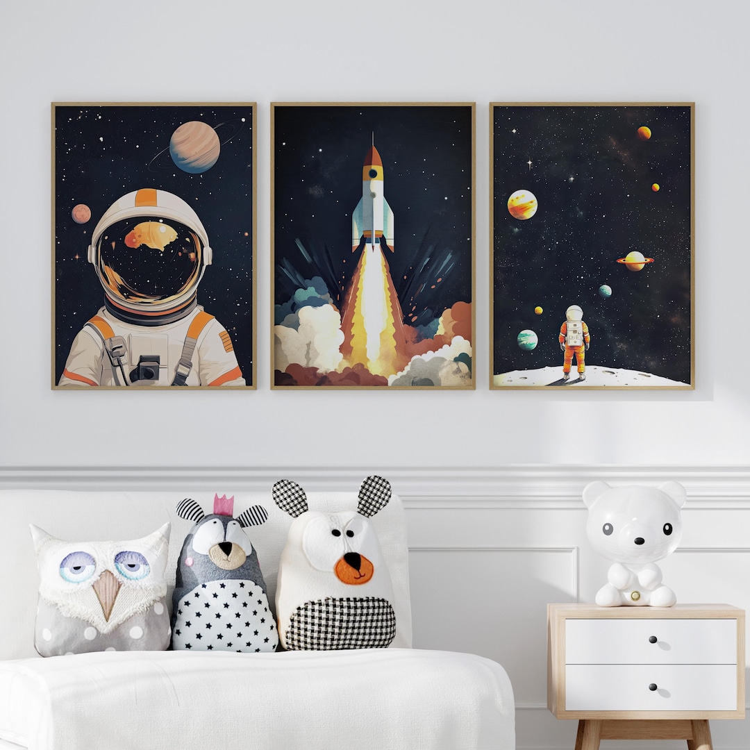 Cute Astronaut in Space Print for Kids Set of 3 Wall Art Poster or ...