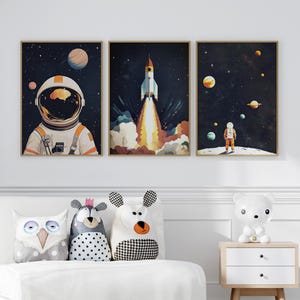 Cute Astronaut in Space Print for Kids Set of 3 Wall Art Poster or Canvas, Space Theme Nursery Wall Art, Space Adventure Kids Bedroom Decor