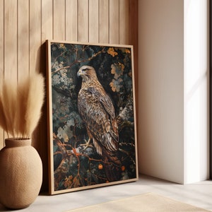 Hawk William Morris Wall Art Print, Vintage Bird Of Prey Gift For Her in Cottagecore Dark Academia Decor Style, Mid Century Botanical