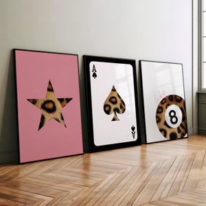 Leopard Print Lucky 8 Ball Star and Ace of Spades 3 Piece Set Poster or Canvas Prints, Y2k Aesthetic, Lucky Girl Poster, Trendy Wall Prints