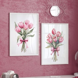 Pink Tulips Bouquet Watercolor Painting Set of 2 Poster or Canvas, Coquette Wall Art, Flower Bouquet with Pink Bows Art Print, Gifts for Her
