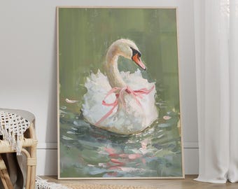 ピンクのリボンが付いた美しい白鳥の絵画またはキャンバス