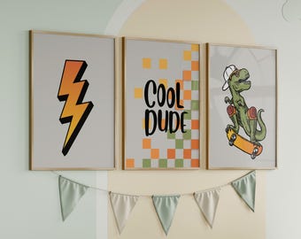 T-rex Riding a Skateboard Cool Dude Set of 3 Wall Art or Canvas, Dinosaurs Posters, Boys Room Dino Art Print, Kids Bedroom Poster Print