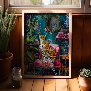 Cheetah on a Vintage Pink Chair Botanical Art Print Poster or Canvas, Leopard Floral Botanical Wall Art, Jungle Animal Luxury Art Home Decor