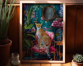 Cheetah on a Vintage Pink Chair Botanical Art Print Poster or Canvas, Leopard Floral Botanical Wall Art, Jungle Animal Luxury Art Home Decor