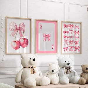 Watercolor Pink Bows Set of 3 Wall Art Print or Canvas, Ace Card Pink Bow Nursery Pink Ace Playing Card Poster, Preppy Pink Girly Wall Decor