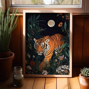Tiger Walking Through The Jungle Wall Art Poster or Canvas Print, Tiger Under The Moonlit Botanical Starry Night Sky Art Whimsical Wall Art