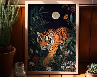 Tiger Walking Through The Jungle Wall Art Poster or Canvas Print, Tiger Under The Moonlit Botanical Starry Night Sky Art Whimsical Wall Art