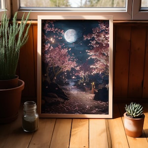 Decoração de parede fantástica com cenário noturno de Sakura Moon, impressão de arte floral com flores de cerejeira japonesas, arte de parede moderna com flores rosa de lua cheia