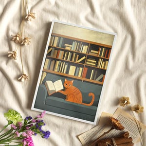 Whimsical Orange Cat Reading Book Illustration Poster or Canvas Print, Funny Cat Art Print, Quirky Cat Library Poster, Bookshop Wall Decor