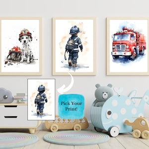 Feuermann und Welpe Aquarell Kinderzimmer Wandkunst 3er-Set oder Leinwand, niedliches Baby- und Kinderzimmer Dekor, Berufsspiel und Arbeitszimmer Poster