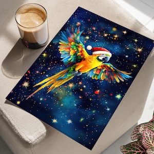 Colorful Yellow Parrot with Santa Hat Poster or Canvas Print, Watercolor Christmas Art, Vibrant Holiday Bird Poster, Soaring with Stars Art