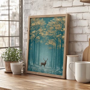 Stag in Luminous Snowy Forest with Golden Trees Wall Art Poster or Canvas Print, Starlit Misty Teal Woodland Celestial Fantasy Wall Decor