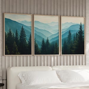 Majestic Mountain Range Evergreen Forests Set of 3 Wall Art Poster or Canvas Print, Panoramic Mountainscape Art Print, Blue Ridge Painting