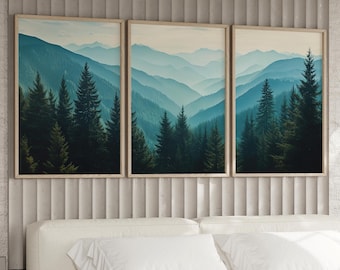 Majestic Mountain Range Evergreen Forests Set of 3 Wall Art Poster or Canvas Print, Panoramic Mountainscape Art Print, Blue Ridge Painting
