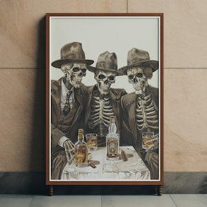 Oil Painting Skeleton Vintage Whiskey Wall Art or Canvas, Bourbon Whiskey In Glass Print, Unique Man Cave Perfect Gift For Whiskey Lover