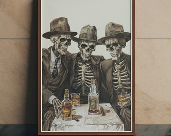 Oil Painting Skeleton Vintage Whiskey Wall Art or Canvas, Bourbon Whiskey In Glass Print, Unique Man Cave Perfect Gift For Whiskey Lover
